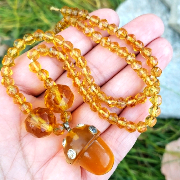 Antique Bakelite Acorn Rhiestone Pendant Necklace - Picture 2 of 13